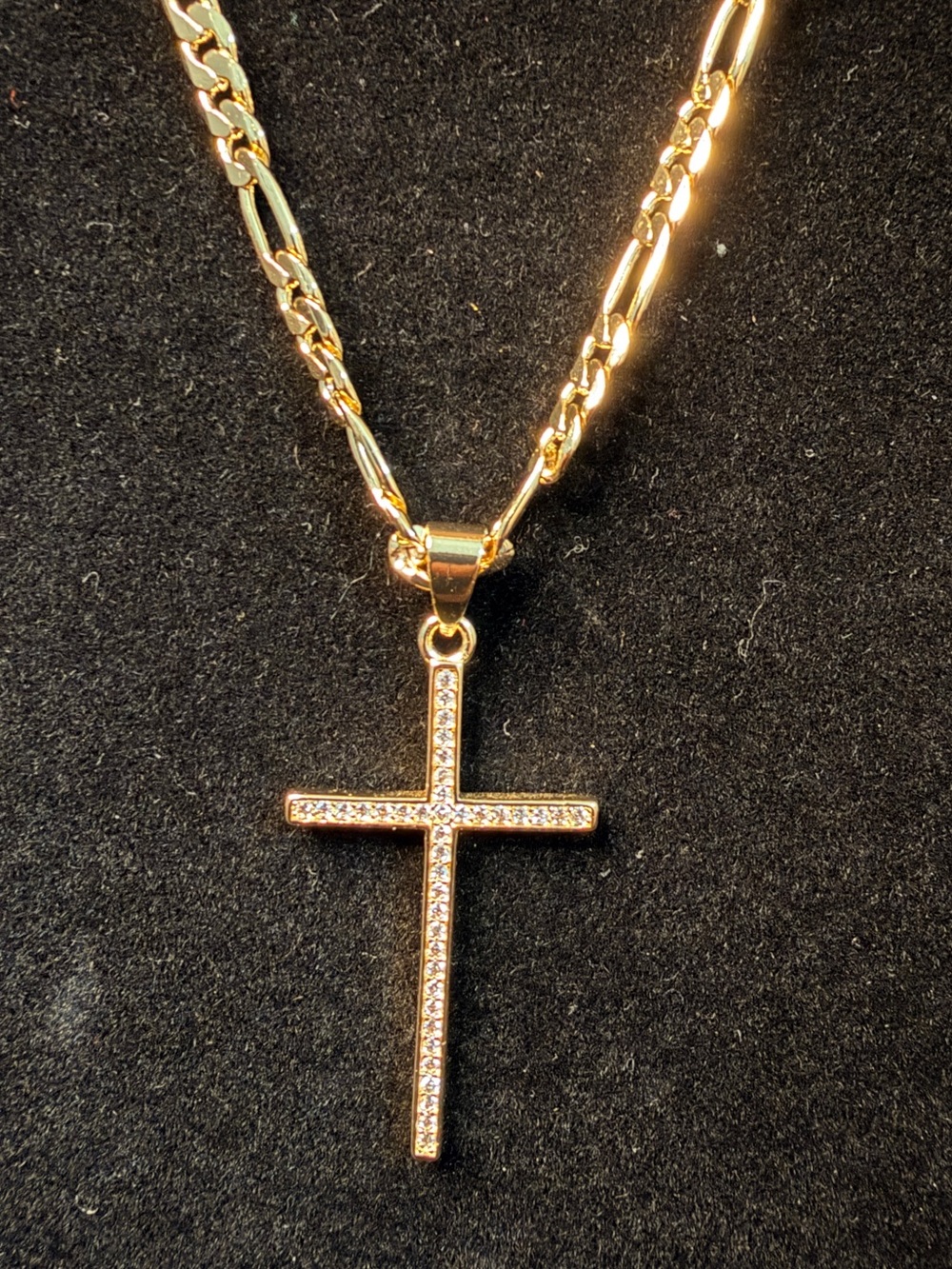 Dainty 18in 4MM Figaro Necklace Cross Pendant Religious 14K GP CZ Stones